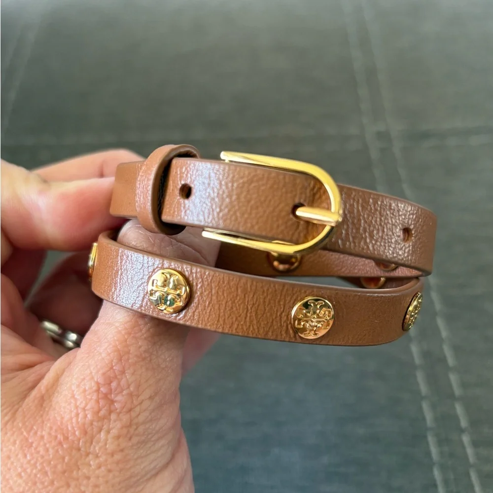 Tory Burch Tan Leather Logo Studded Double Wrap Bracelet - Picture 5 of 7